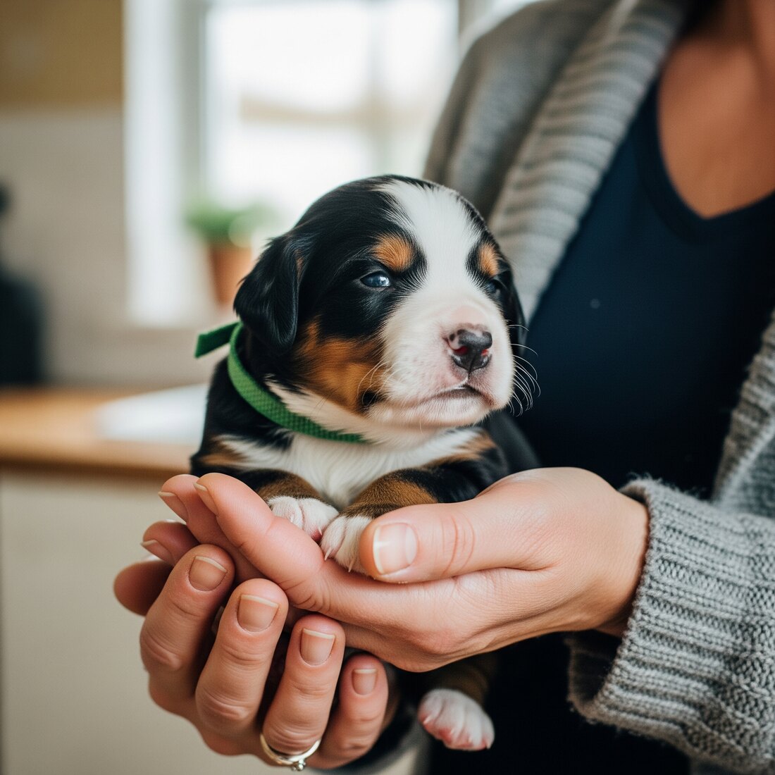 Chiot bouvier bernois de trois semaines tenu délicatement dans les mains de Claire