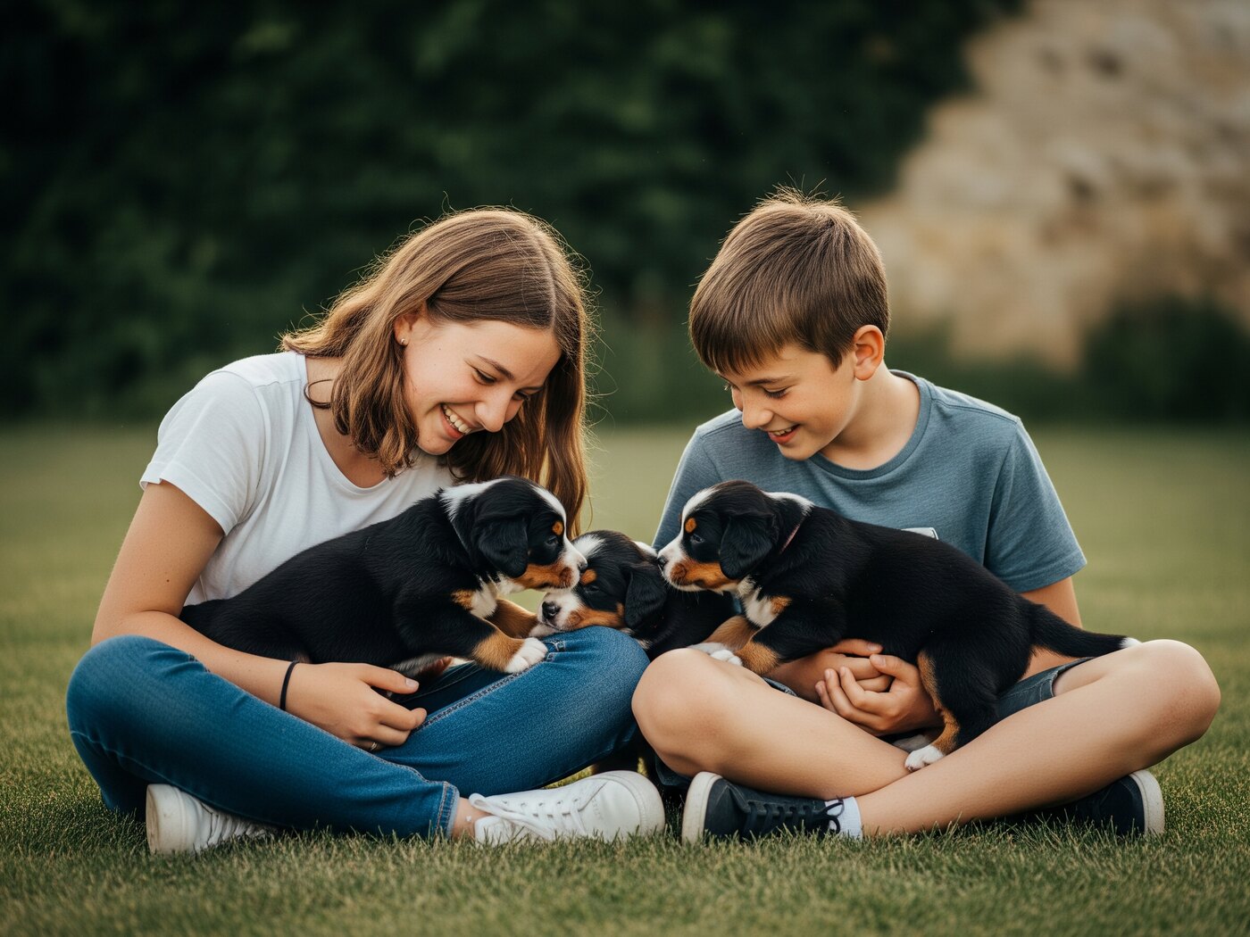 Jeanne et Baptiste assis dans l'herbe du jardin, trois chiots bouviers bernois sur leurs genoux