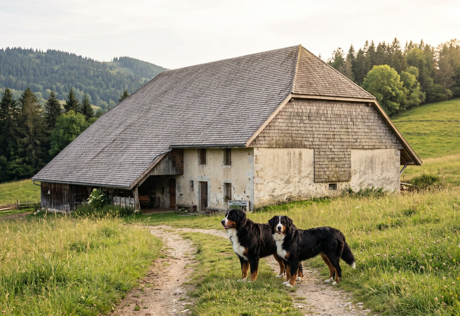 Ferme comtoise traditionnelle au toit large, façade en tavaillons, prés et sapins autour, deux bouviers bernois devant