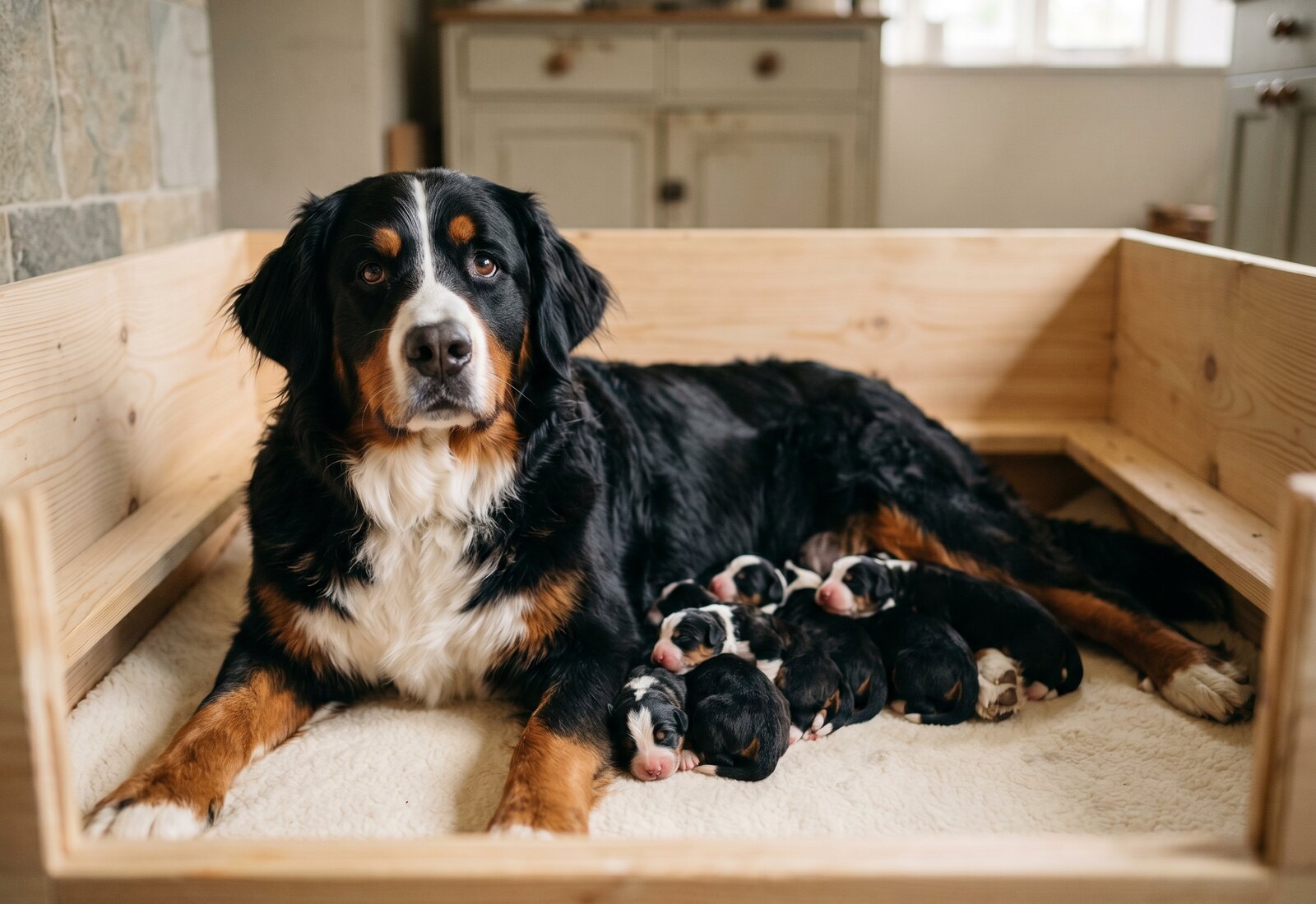 Sève couchée dans la caisse de mise bas, ses sept chiots nouveau-nés contre elle, lumière douce de la cuisine