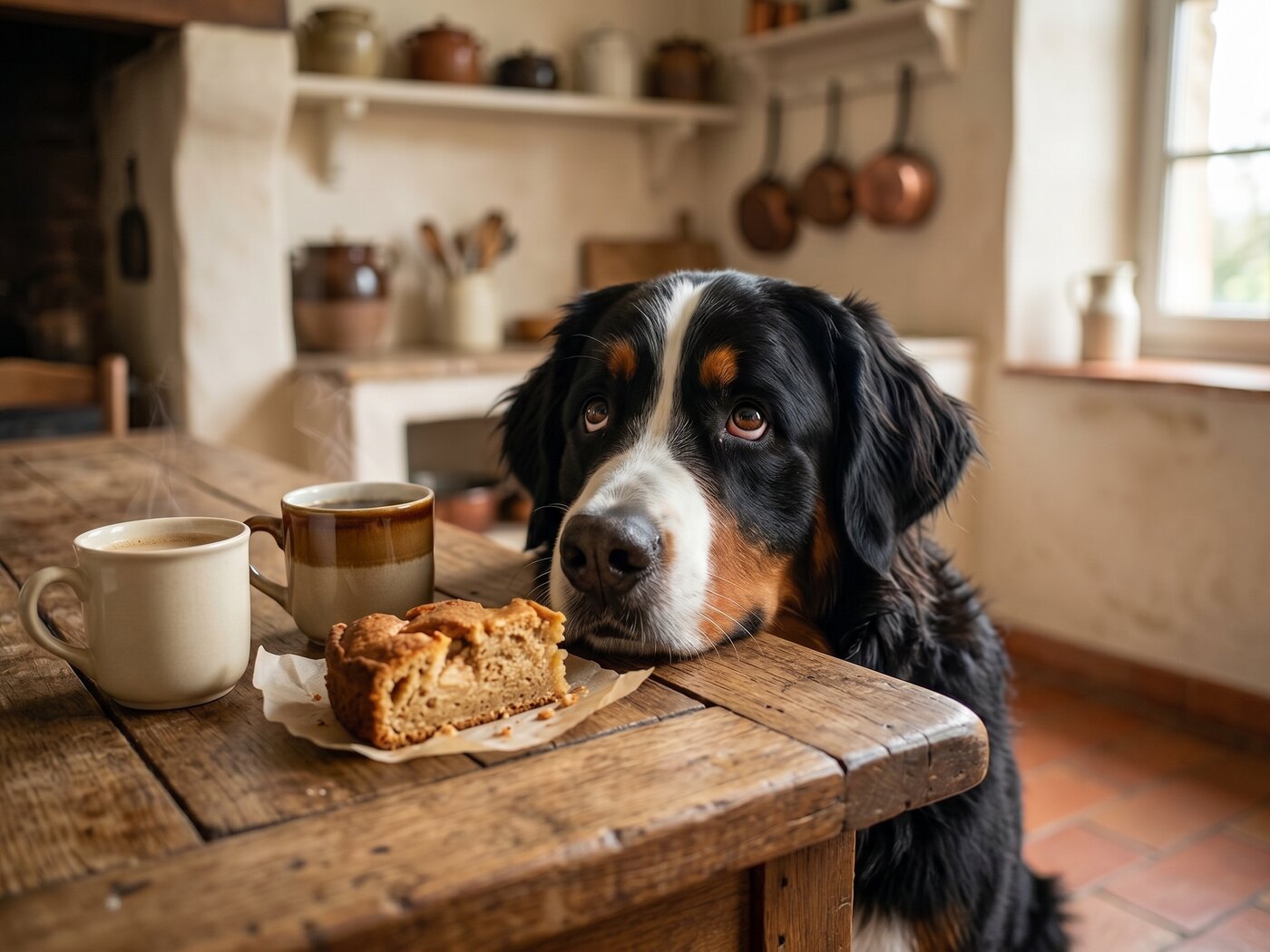 Table de ferme en bois avec deux tasses de café et une part de gâteau, le museau d'un bouvier bernois posé sur le bord de la table