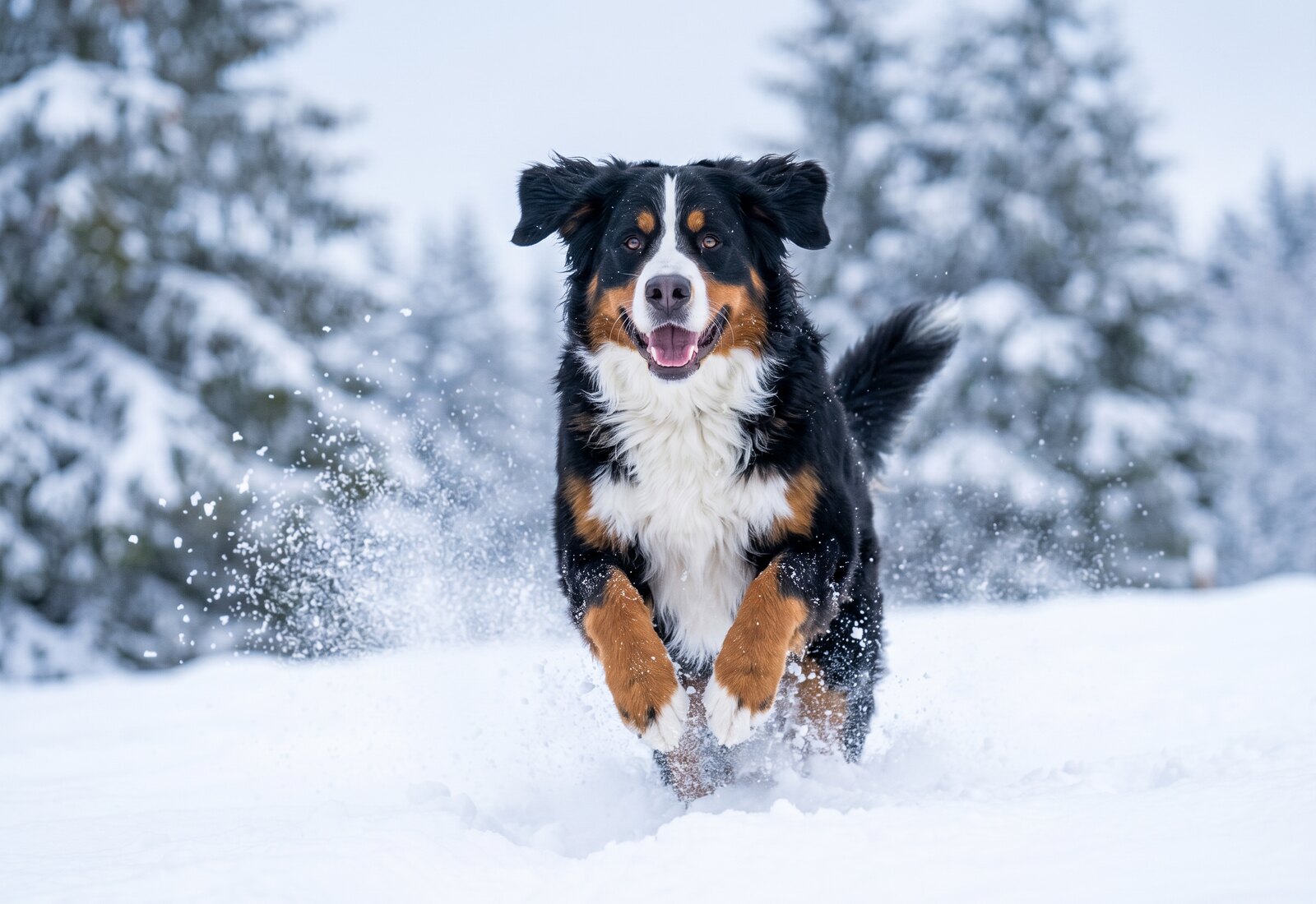 Vouivre en plein jeu dans la neige, bondissant, neige soulevée autour d'elle